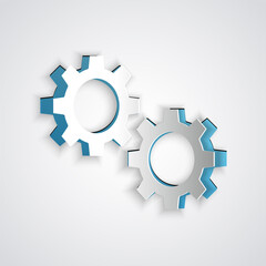 Paper cut Gear icon isolated on grey background. Cogwheel gear settings sign. Cog symbol. Paper art style. Vector