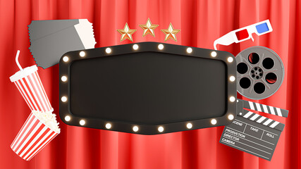 3d render of black theater sign decoration with popcorn,reel film,3d glasses,clapper board,drink mug