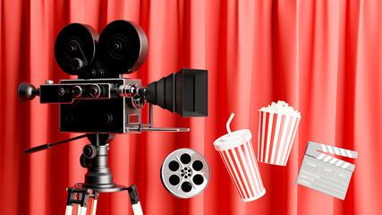 3d render of retro movie camera decoration with popcorn,reel film,clapper board,drink mug