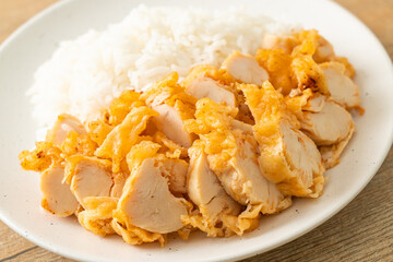 fried chicken topped rice with dipping sauce