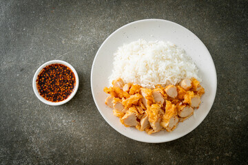 fried chicken topped rice with dipping sauce