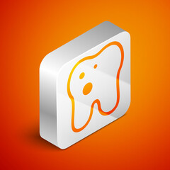 Isometric Tooth with caries icon isolated on orange background. Tooth decay. Silver square button. Vector