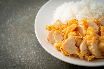 fried chicken topped rice with dipping sauce