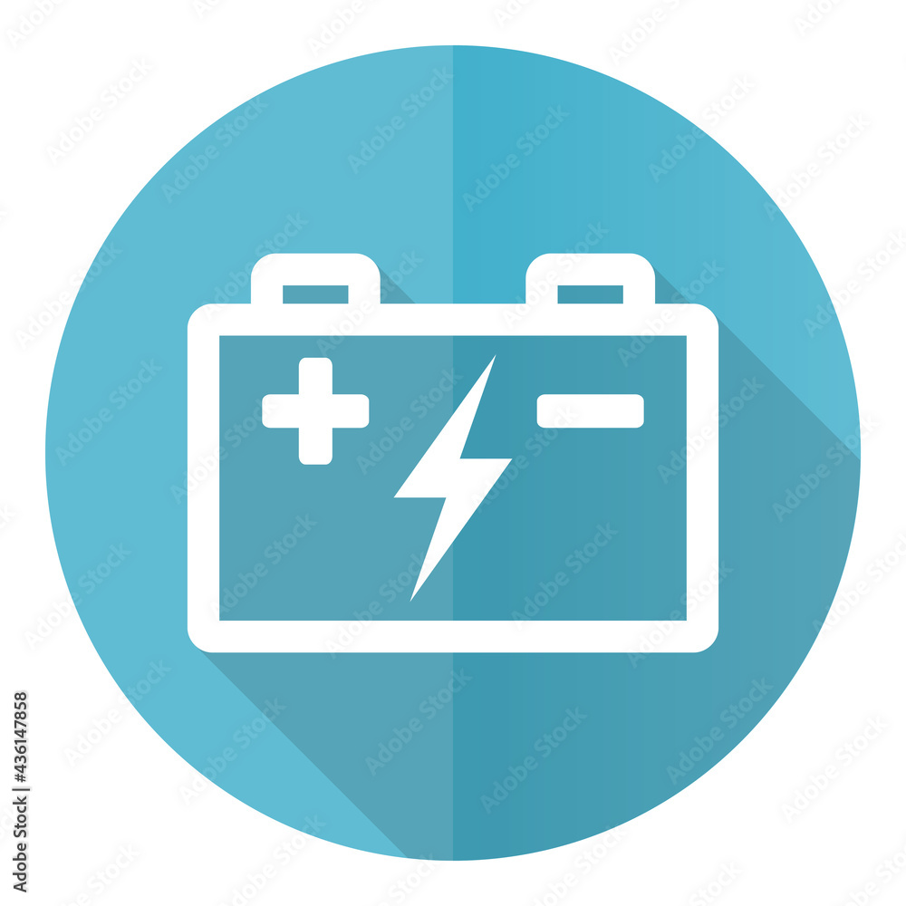 Poster battery, power storage blue icon, flat design vector illustration in eps 10 for webdesign and mobile
