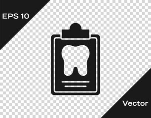 Black Clipboard with dental card or patient medical records icon isolated on transparent background. Dental insurance. Dental clinic report. Vector