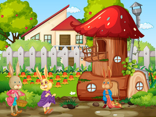 Garden scene with many rabbits cartoon character
