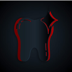 Paper cut Tooth whitening concept icon isolated on black background. Tooth symbol for dentistry clinic or dentist medical center. Paper art style. Vector