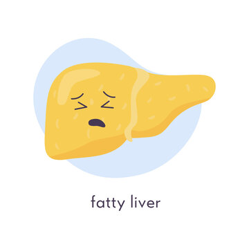 Unhealthy Fatty Liver Character. Sad Kawaii Crying Suffering Icon Of Human Organ On Blob Background. Vector Illustration In Flat Cartoon Style Isolated On White.