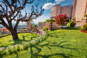 Early spring in Albania. Bright morning view of Castle of Kruja. Beautiful landscape of Albania,...