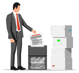 Man Office Worker Shredding Documents. Shredder Machine And Businesswoman With Confidential Paper. Office Device For Destruction Of Documents. Data Protection. Flat Vector Illustration