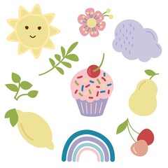 Set of hand-drawn elements for a children's room. Sun, cloud, rainbow, flower, cupcake, leaves, pear, cherry, lemon.