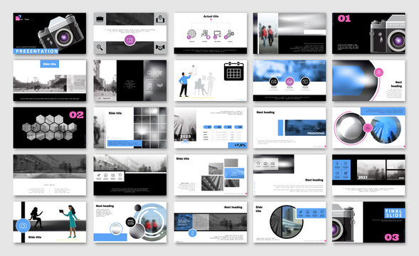 Presentation of business photo, camera powerpoint, infographic design template, blue, black elements, white background set. A team of people, girls creates work. Financial work. Using flyers, SEO