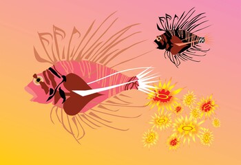 美しい珊瑚の背景をもつミノカサゴ