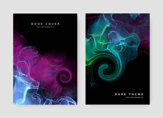 A4 Abstract book cover layouts with fiery fluid smoke, contrast colors, dark theme, alcohol ink texture backgrounds for booklets and brochures, unique graphic for print materials and business	