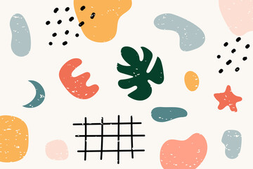 Abstract background. Hand drawn various shapes and doodle objects. Abstract contemporary modern trendy vector illustration. Stamp texture. Vector illustration