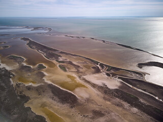 aerial view of islands and shallows on the Sivash salt lake near the sea of Azov