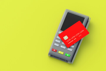 Portable cash register with plastic credit card on yellow background. Copy space. Top view. 3d render
