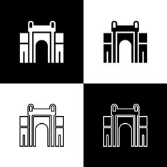 Set India Gate in New Delhi, India icon isolated on black and white background. Gate way of India Mumbai. Vector