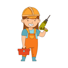 Little Girl Builder Wearing Hard Hat Holding Electric Drill Vector Illustration
