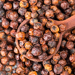 spoon on pile of dried red Kampot pepper closeup