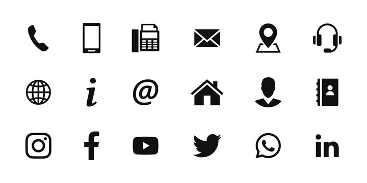 Set of contact and social media icons. Black vector symbols.