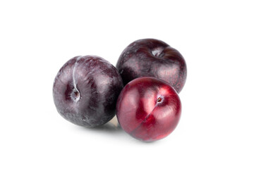 Plums. Ripe natural and organic plums isolated on white background. Purple cherry plums. Part of set.