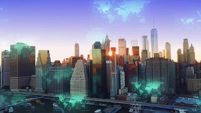Loading worldwide cloud data on NYC city background - 3d graphics animation