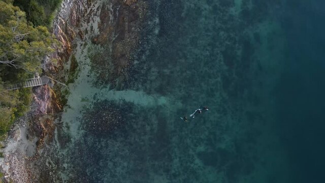 High view of a group of scuba divers swimming out to a sunken tropical reef in blue water. Drone view looking down