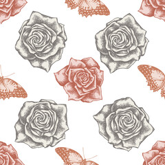 Seamless pattern with hand drawn pastel red lacewing, roses