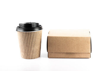 Kraft paper coffee cup and meal box isolated on white background. Take away delivery concept. Part of set.