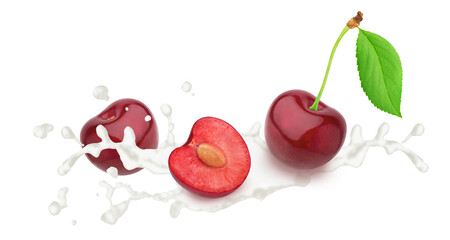 Cherry in milk splashes isolated on white background.