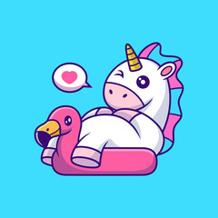Cute Unicorn Relax with Flamingo Tires Cartoon. Summer Vector Icon Illustration, Isolated on Premium Vector