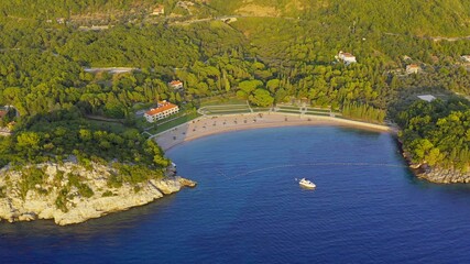 Village and beach Milocer. King and Queen Beaches. View from above. Aerial photography. Budva. Montenegro