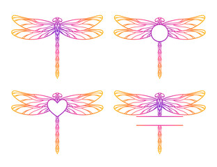 Vector outline dragonfly monogram. Insect silhouette. Template for laser and paper cutting, printing on a T-shirt, mug. Flat style. Hand drawn decorative element for your design. Isolated on white. - obrazy, fototapety, plakaty