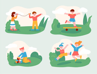 The children are playing with their friends in the park. Children who play with friends and children who play well alone. flat design style minimal vector illustration. © MINIWIDE