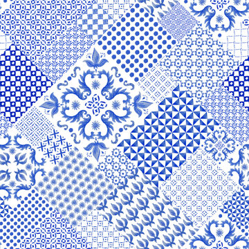 Seamless Diagonal Patchwork Pattern Watercolor Hand Drawn Painted Blue Mosaic Tiles With Floral And Geometrical Ornaments In Dutch, Flemish, Spanish, Portuguese, Moroccan Mediterranean Ceramic Paint