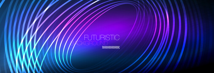 Dark abstract background with glowing neon circles. Trendy layout template for business or technology presentation, internet poster or web brochure cover, wallpaper