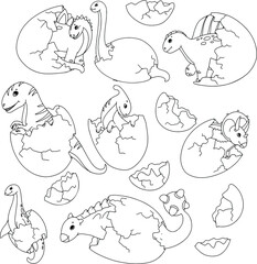 Cute Set dinosaur in an egg. Little dinosaur's birthday. Black and white drawing coloring book. Vector illustration isolated on white background