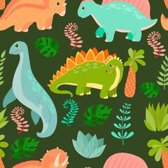 Pattern of Cute Dinosaurs. Little dinosaur's birthday. Bright children's print. Vector illustration with colored background
