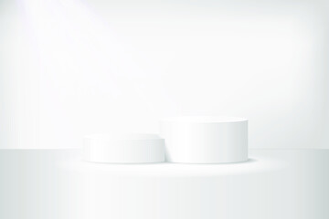 White 3d podium mockup in circle shape. Empty stage or pedestal mockup illuminated with spotlight. Podium or platform for award ceremony and product presentation. Vector