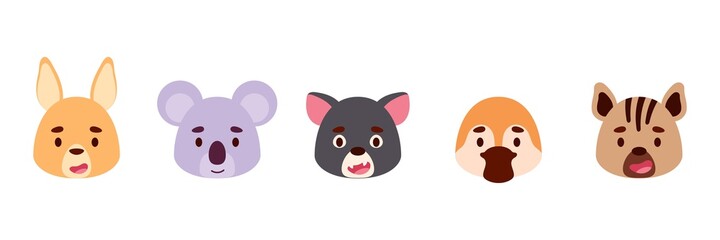 Cute australian animals heads set. Collection funny animals characters for kids cards, baby shower, birthday invitation, house interior. Bright colored childish vector illustration.