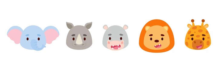 Cute little african animals heads set. Collection funny animals characters for kids cards, baby shower, birthday invitation, house interior. Bright colored childish vector illustration.