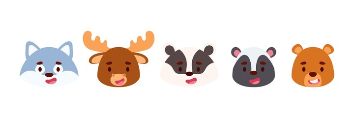 Cute little woodland animals heads set. Collection funny animals characters for kids cards, baby shower, birthday invitation, house interior. Bright colored childish vector illustration.