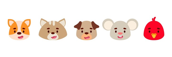 Cute little pet animals heads set. Collection funny animals characters for kids cards, baby shower, birthday invitation, house interior. Bright colored childish vector illustration.