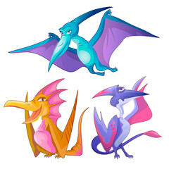 Cute little flying dinosaurs cartoon set. Pterodaktyls characters collection. Can be used for print design greeting card used for print design, banner, poster, flyer template © Andrey