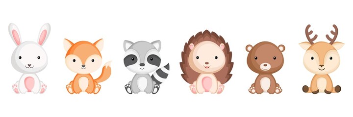 Collection of sitting little animals in cartoon style. Cute woodland animals characters for kids cards, baby shower, birthday invitation, house interior. Bright colored childish vector illustration. - obrazy, fototapety, plakaty