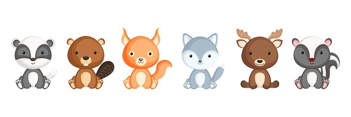 Collection of sitting little animals in cartoon style. Cute woodland animals characters for kids cards, baby shower, birthday invitation, house interior. Bright colored childish vector illustration.