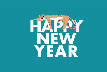 ハッピーニューイヤー寝転ぶ寅_年賀状_青