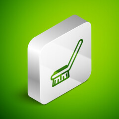 Isometric line Brush for cleaning icon isolated on green background. Cleaning service concept. Silver square button. Vector Illustration