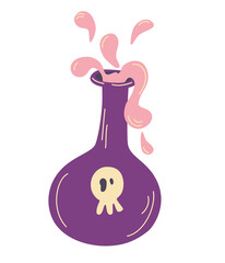 Chemistry glass bottle filled with a liquid potion. Love or death potion. Flask with magic potion. Design for Halloween. Flat cartoon vector illustration.